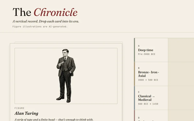 Polymathic’s Chronicle: an Alan Turing card next to a column of historical eras